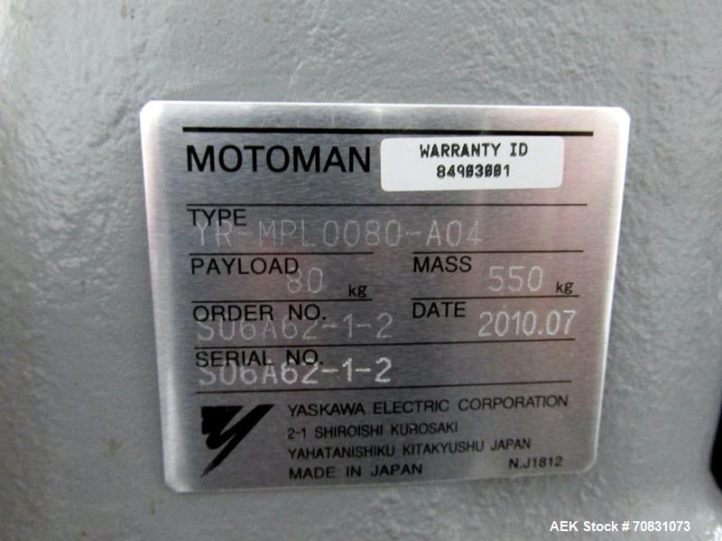 Used Motoman Robot Packaging Robotic Case Packaging System. Consisting of Motoman robotic arm, model MPL80, 5-point articulation with 80 kg max capacity serial# S06A62-1-2, with pallet conveyors and ...