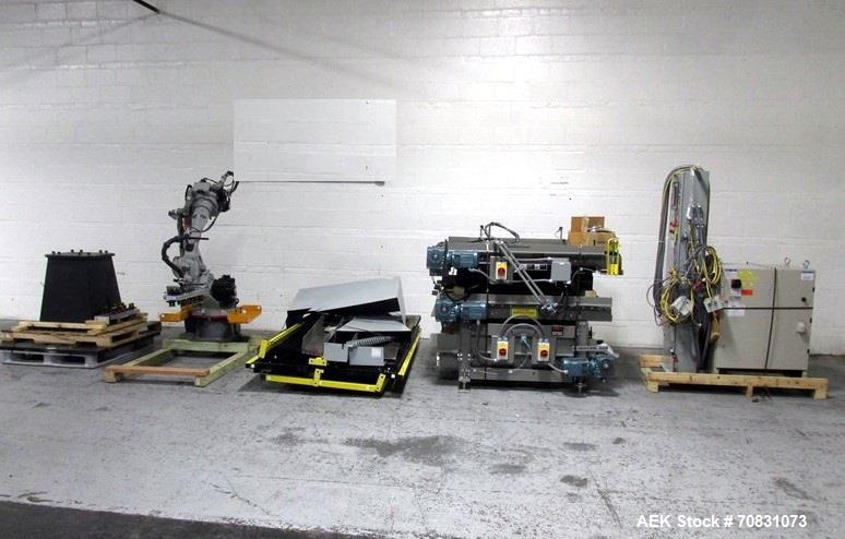 Used Motoman Robot Packaging Robotic Case Packaging System. Consisting of Motoman robotic arm, model MPL80, 5-point articulation with 80 kg max capacity serial# S06A62-1-2, with pallet conveyors and ...