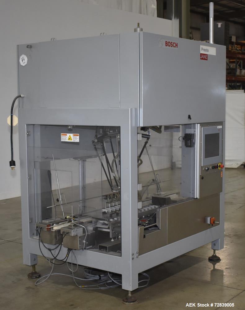 Used Bosch (Syntegon) Presto Robotic Top Load Robotic Carton loader. Capable of speeds up to 400 packages per minute. Has a product size range: Length 2" to 7.9" or 50mm to 200mm, width .6" to 4.7" o...
