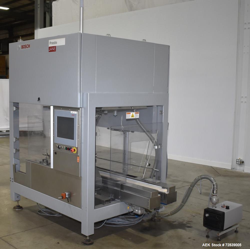 Used Bosch (Syntegon) Presto Robotic Top Load Robotic Carton loader. Capable of speeds up to 400 packages per minute. Has a product size range: Length 2" to 7.9" or 50mm to 200mm, width .6" to 4.7" o...
