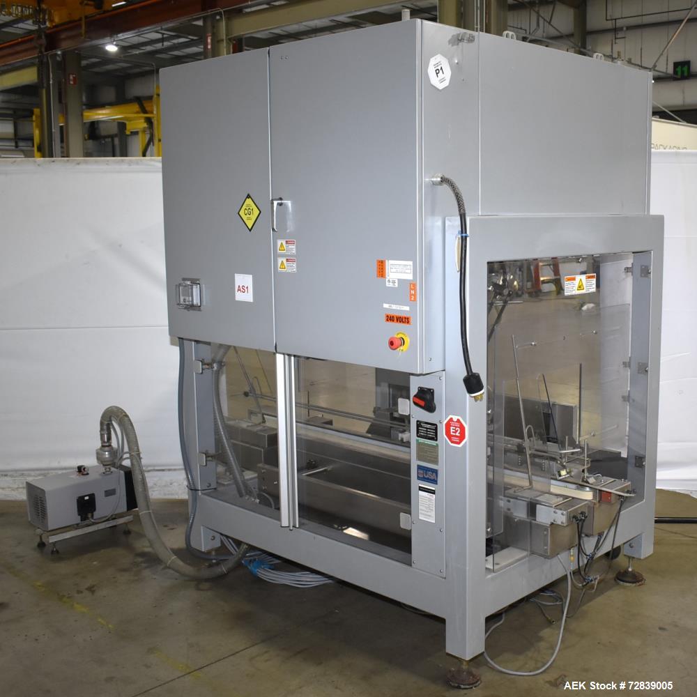 Used Bosch (Syntegon) Presto Robotic Top Load Robotic Carton loader. Capable of speeds up to 400 packages per minute. Has a product size range: Length 2" to 7.9" or 50mm to 200mm, width .6" to 4.7" o...