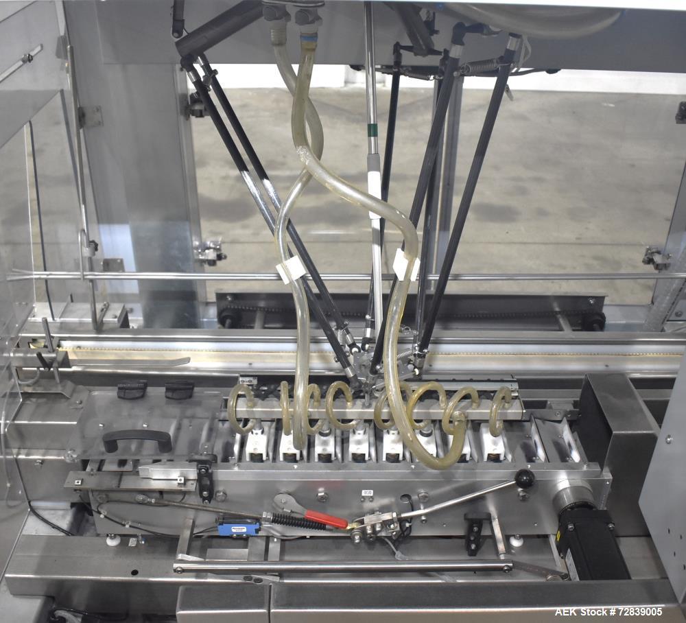 Used Bosch (Syntegon) Presto Robotic Top Load Robotic Carton loader. Capable of speeds up to 400 packages per minute. Has a product size range: Length 2" to 7.9" or 50mm to 200mm, width .6" to 4.7" o...