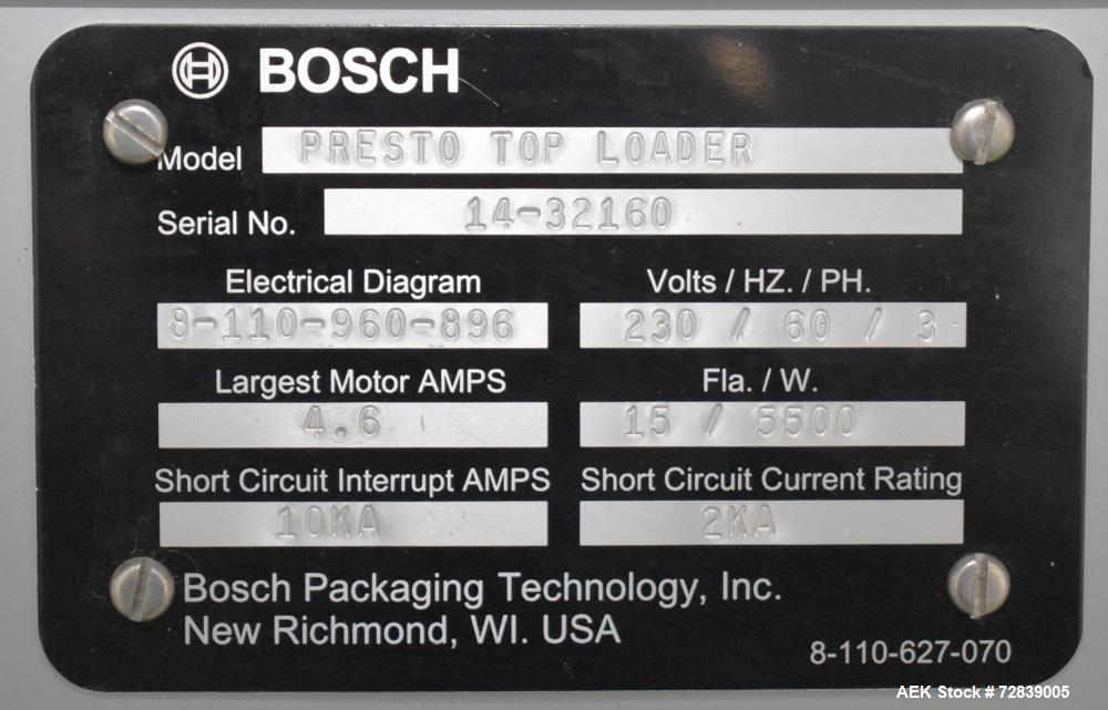 Used- Bosch (Syntegon) Presto Robotic Top Load Robotic Carton loader. Capable of speeds up to 400 packages per minute. Has a...
