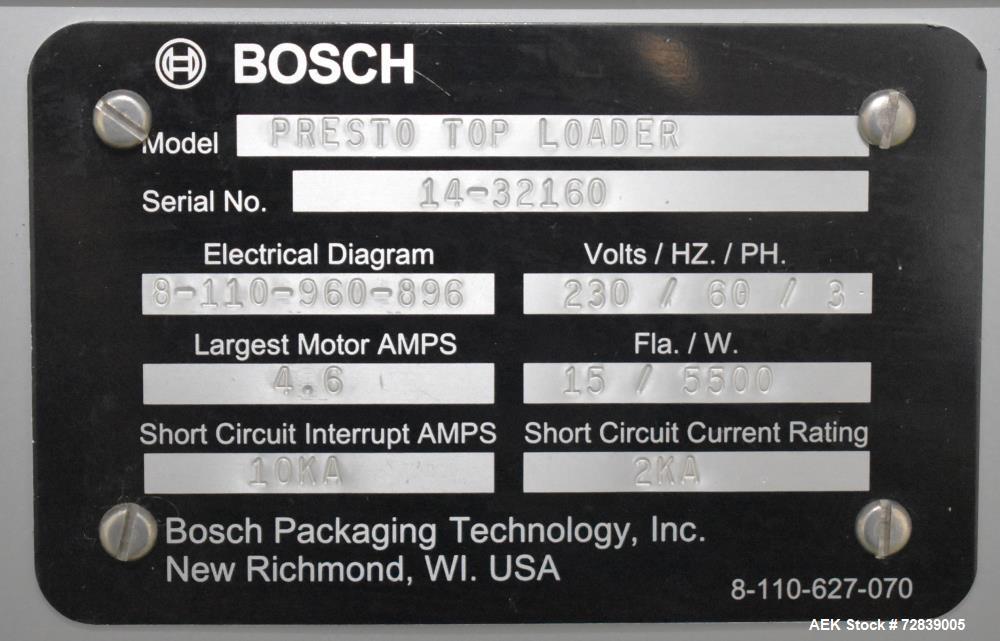 Used Bosch (Syntegon) Presto Robotic Top Load Robotic Carton loader. Capable of speeds up to 400 packages per minute. Has a product size range: Length 2" to 7.9" or 50mm to 200mm, width .6" to 4.7" o...