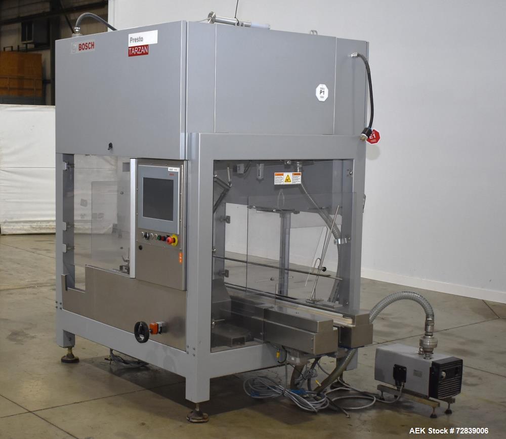 Used Bosch (Syntegon) Presto Robotic Top Load Robotic Case Packer capable of speeds up to 400 packages per minute.  Has a product size range: Length 2" to 7.9" or 50mm to 200mm, width .6" to 4.7" or ...