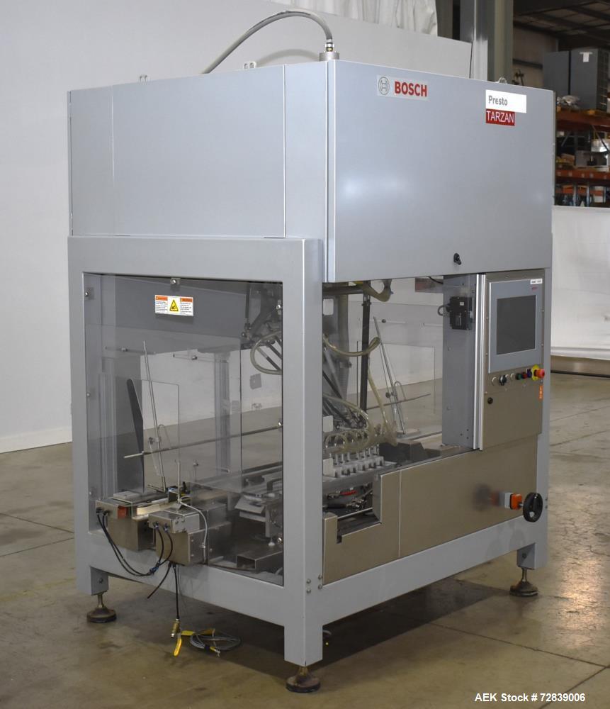 Used Bosch (Syntegon) Presto Robotic Top Load Robotic Case Packer capable of speeds up to 400 packages per minute.  Has a product size range: Length 2" to 7.9" or 50mm to 200mm, width .6" to 4.7" or ...