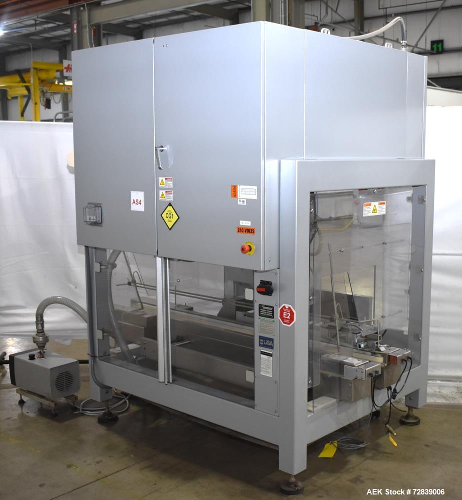 Used Bosch (Syntegon) Presto Robotic Top Load Robotic Case Packer capable of speeds up to 400 packages per minute.  Has a product size range: Length 2" to 7.9" or 50mm to 200mm, width .6" to 4.7" or ...