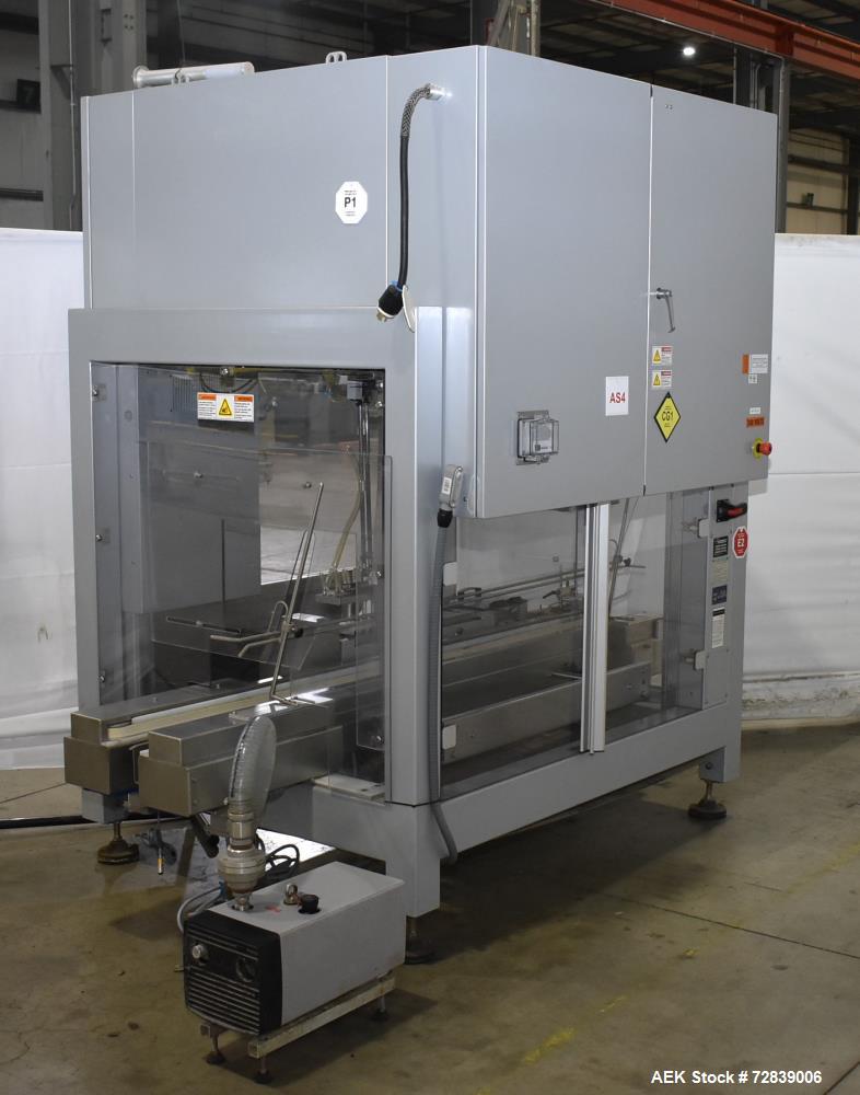 Used Bosch (Syntegon) Presto Robotic Top Load Robotic Case Packer capable of speeds up to 400 packages per minute.  Has a product size range: Length 2" to 7.9" or 50mm to 200mm, width .6" to 4.7" or ...