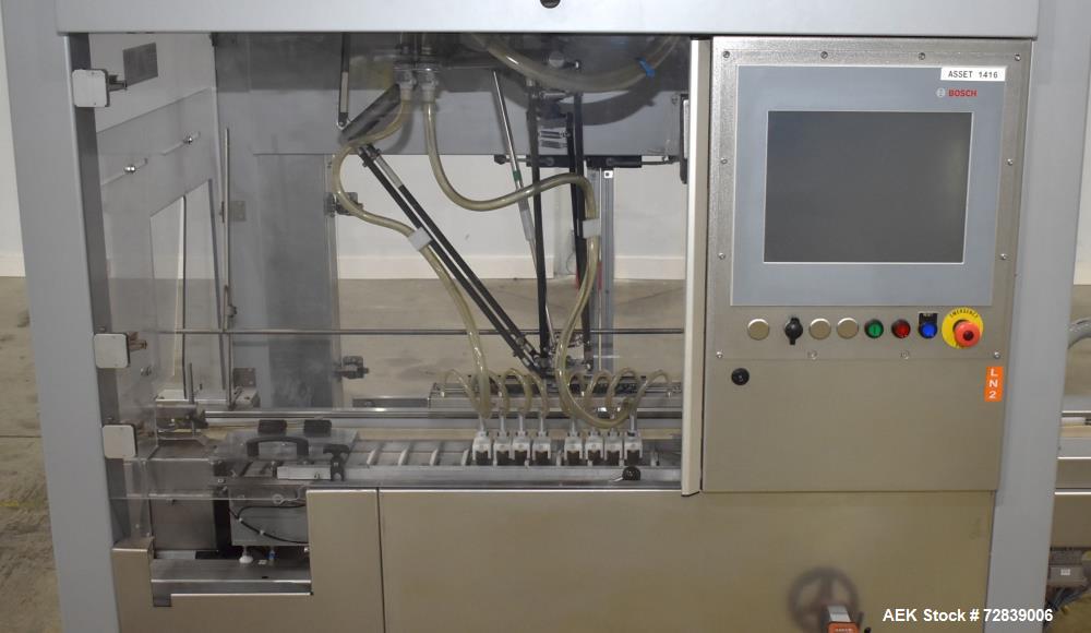 Used Bosch (Syntegon) Presto Robotic Top Load Robotic Case Packer capable of speeds up to 400 packages per minute.  Has a product size range: Length 2" to 7.9" or 50mm to 200mm, width .6" to 4.7" or ...