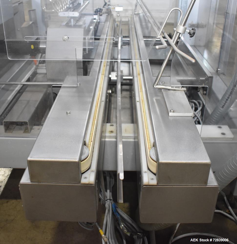 Used Bosch (Syntegon) Presto Robotic Top Load Robotic Case Packer capable of speeds up to 400 packages per minute.  Has a product size range: Length 2" to 7.9" or 50mm to 200mm, width .6" to 4.7" or ...