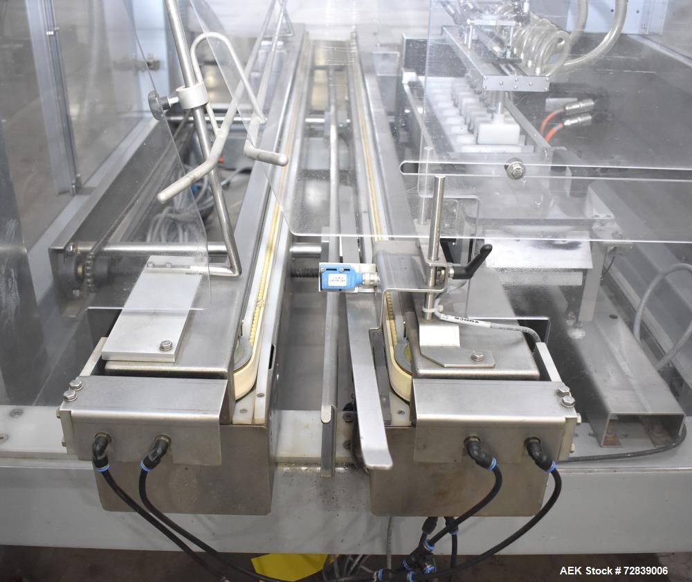 Used Bosch (Syntegon) Presto Robotic Top Load Robotic Case Packer capable of speeds up to 400 packages per minute.  Has a product size range: Length 2" to 7.9" or 50mm to 200mm, width .6" to 4.7" or ...