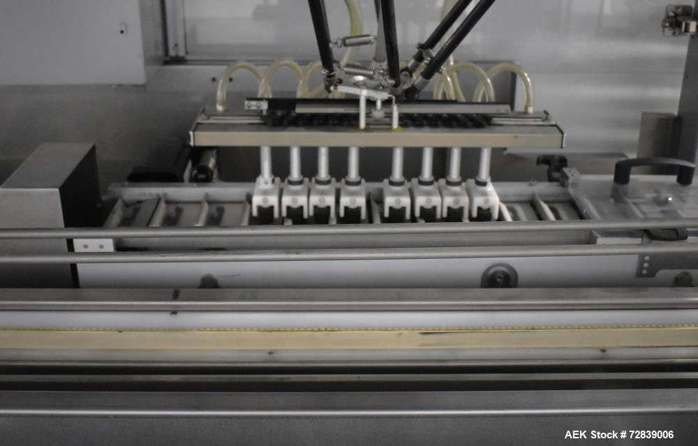 Used Bosch (Syntegon) Presto Robotic Top Load Robotic Case Packer capable of speeds up to 400 packages per minute.  Has a product size range: Length 2" to 7.9" or 50mm to 200mm, width .6" to 4.7" or ...