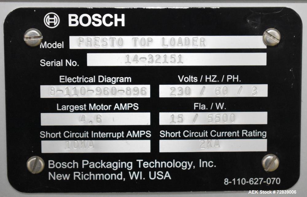 Used Bosch (Syntegon) Presto Robotic Top Load Robotic Case Packer capable of speeds up to 400 packages per minute.  Has a product size range: Length 2" to 7.9" or 50mm to 200mm, width .6" to 4.7" or ...