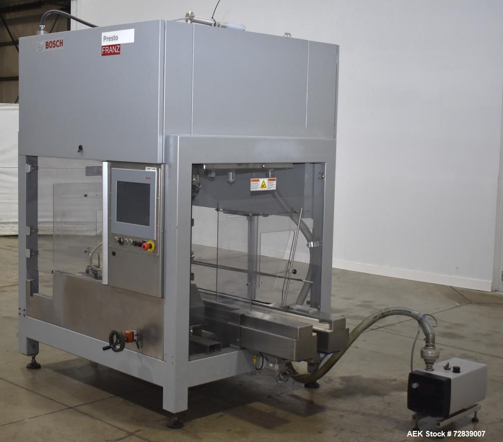 Used Bosch (Syntegon) Presto Robotic Top Load Robotic Case Packer capable of speeds up to 400 packages per minute.  Has a product size range: Length 2" to 7.9" or 50mm to 200mm, width .6" to 4.7" or ...