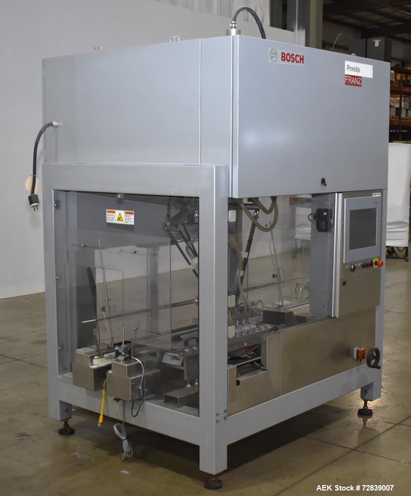 Used Bosch (Syntegon) Presto Robotic Top Load Robotic Case Packer capable of speeds up to 400 packages per minute.  Has a product size range: Length 2" to 7.9" or 50mm to 200mm, width .6" to 4.7" or ...