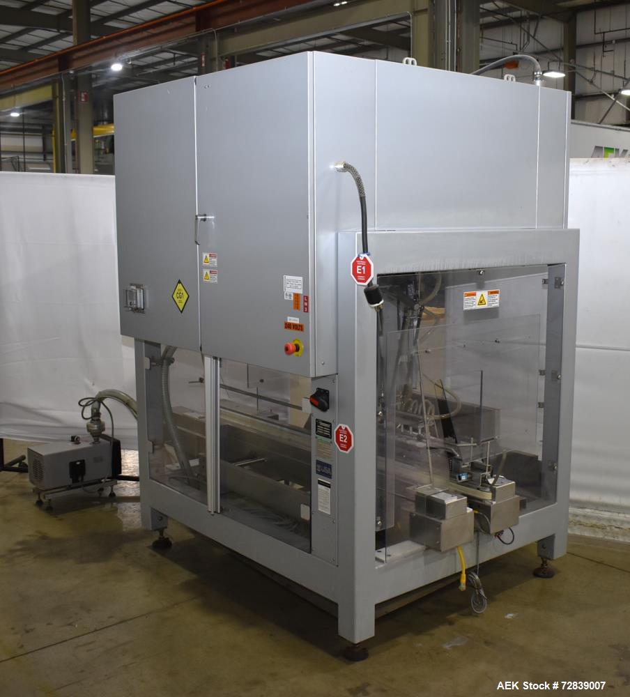 Used Bosch (Syntegon) Presto Robotic Top Load Robotic Case Packer capable of speeds up to 400 packages per minute.  Has a product size range: Length 2" to 7.9" or 50mm to 200mm, width .6" to 4.7" or ...
