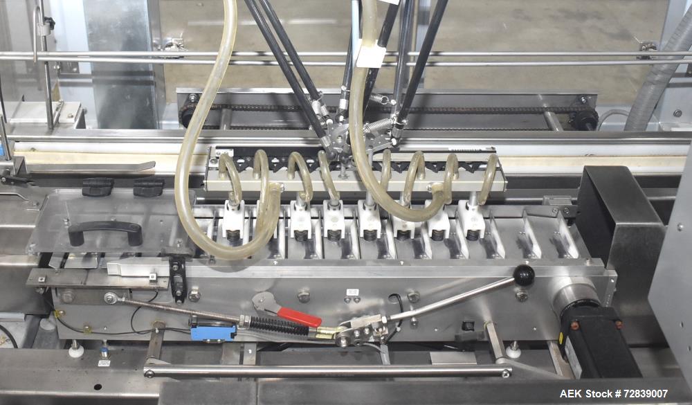 Used Bosch (Syntegon) Presto Robotic Top Load Robotic Case Packer capable of speeds up to 400 packages per minute.  Has a product size range: Length 2" to 7.9" or 50mm to 200mm, width .6" to 4.7" or ...
