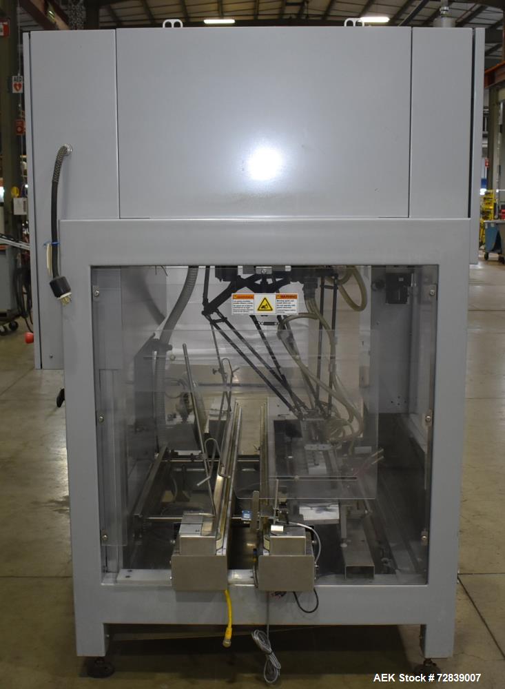 Used Bosch (Syntegon) Presto Robotic Top Load Robotic Case Packer capable of speeds up to 400 packages per minute.  Has a product size range: Length 2" to 7.9" or 50mm to 200mm, width .6" to 4.7" or ...