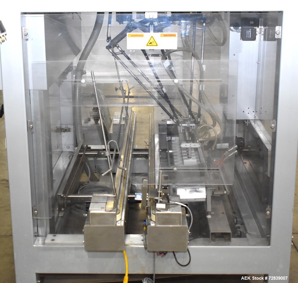 Used Bosch (Syntegon) Presto Robotic Top Load Robotic Case Packer capable of speeds up to 400 packages per minute.  Has a product size range: Length 2" to 7.9" or 50mm to 200mm, width .6" to 4.7" or ...