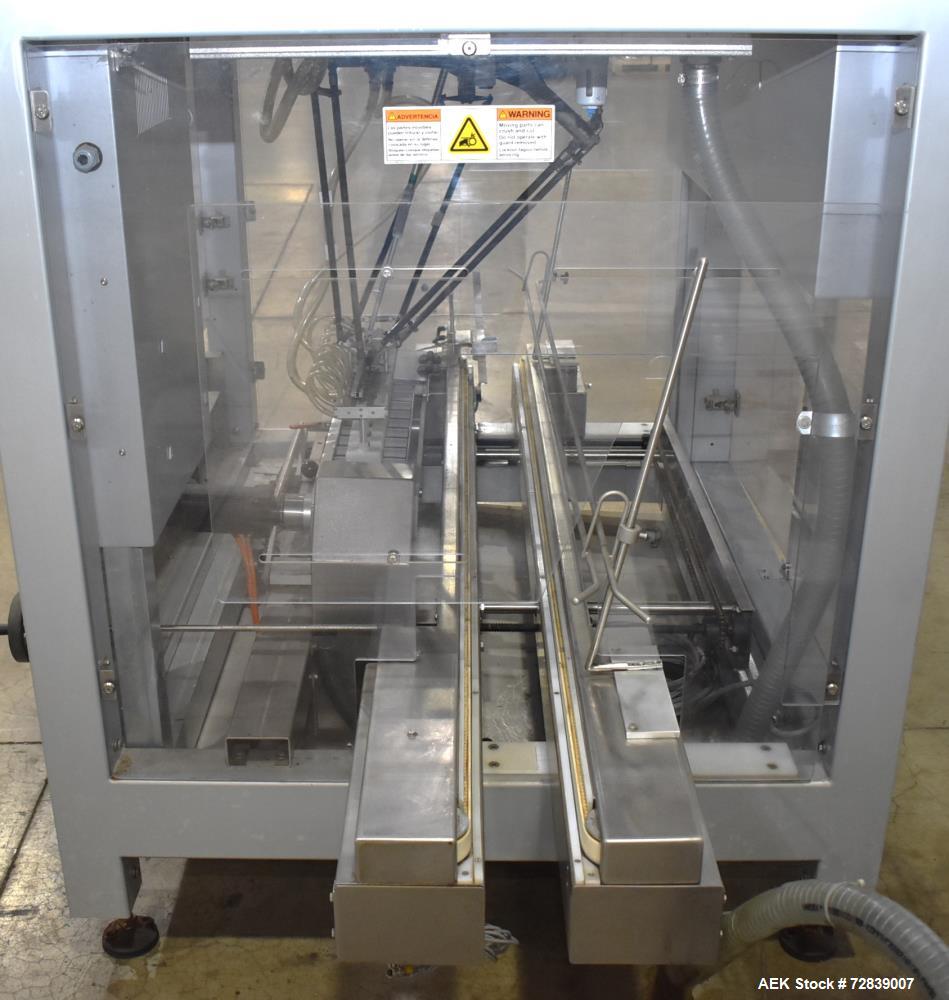 Used Bosch (Syntegon) Presto Robotic Top Load Robotic Case Packer capable of speeds up to 400 packages per minute.  Has a product size range: Length 2" to 7.9" or 50mm to 200mm, width .6" to 4.7" or ...