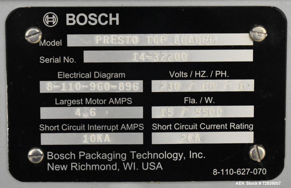 Used Bosch (Syntegon) Presto Robotic Top Load Robotic Case Packer capable of speeds up to 400 packages per minute.  Has a product size range: Length 2" to 7.9" or 50mm to 200mm, width .6" to 4.7" or ...
