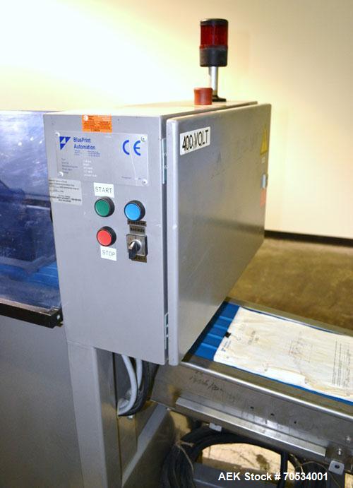 Used Blueprint Automation Semi-Automatic Bag Collator. Capable of speeds up to 140 bags per minute. Bag size range: Small wheel 4" to 8" wide x 5" to 16" high, large wheel 6"-12" wide x 8" to 22" hig...