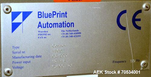Used Blueprint Automation Semi-Automatic Bag Collator. Capable of speeds up to 140 bags per minute. Bag size range: Small wheel 4" to 8" wide x 5" to 16" high, large wheel 6"-12" wide x 8" to 22" hig...
