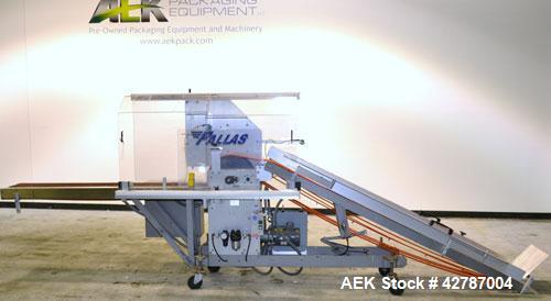 Used Fallas Automation Bag Collator, Model RW-1. Adjustable incline Eagle belting infeed, 8'' wide x 68'' long discharge belt conveyor. Includes a control panel with an Allen-Bradley Micrologix 1000,...