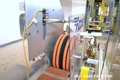 Used Fallas Automation Bag Collator, Model RW-1. Adjustable incline Eagle belting infeed, 8'' wide x 68'' long discharge belt conveyor. Includes a control panel with an Allen-Bradley Micrologix 1000,...