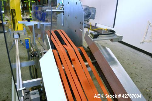 Used Fallas Automation Bag Collator, Model RW-1. Adjustable incline Eagle belting infeed, 8'' wide x 68'' long discharge belt conveyor. Includes a control panel with an Allen-Bradley Micrologix 1000,...