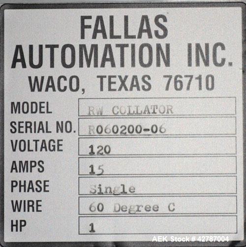 Used Fallas Automation Bag Collator, Model RW-1. Adjustable incline Eagle belting infeed, 8'' wide x 68'' long discharge belt conveyor. Includes a control panel with an Allen-Bradley Micrologix 1000,...