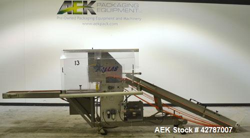 Used Fallas Automation Bag Collator, Model RW-1. Adjustable incline Eagle belting infeed, 8'' wide x 68'' long discharge belt conveyor. Includes a control panel with an Allen-Bradley Micrologix 1000,...