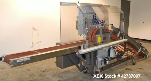 Used Fallas Automation Bag Collator, Model RW-1. Adjustable incline Eagle belting infeed, 8'' wide x 68'' long discharge belt conveyor. Includes a control panel with an Allen-Bradley Micrologix 1000,...