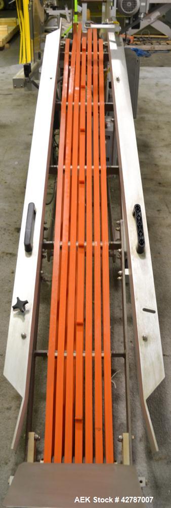 Used Fallas Automation Bag Collator, Model RW-1. Adjustable incline Eagle belting infeed, 8'' wide x 68'' long discharge belt conveyor. Includes a control panel with an Allen-Bradley Micrologix 1000,...