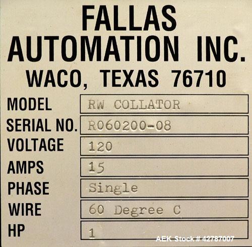 Used Fallas Automation Bag Collator, Model RW-1. Adjustable incline Eagle belting infeed, 8'' wide x 68'' long discharge belt conveyor. Includes a control panel with an Allen-Bradley Micrologix 1000,...