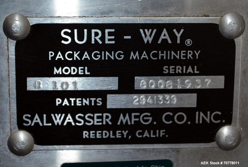 Used Salwasser Sure Way R101 semi automatic case packer. Has right angle infeed with carton upstacker. Case lowering device, last used with Jones CMV cartoner.