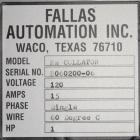 Used Fallas Automation Bag Collator, Model RW-1. Adjustable incline Eagle belting infeed, 8'' wide x 68'' long discharge belt conveyor. Includes a control panel with an Allen-Bradley Micrologix 1000,...