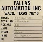 Used Fallas Automation Bag Collator, Model RW-1. Adjustable incline Eagle belting infeed, 8'' wide x 68'' long discharge belt conveyor. Includes a control panel with an Allen-Bradley Micrologix 1000,...