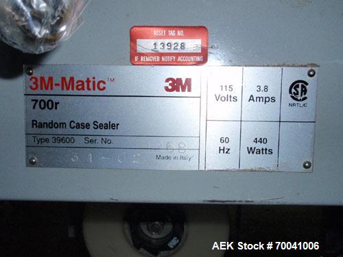 Used 3M-Matic Top and Bottom Random Case Sealer, Model 700R, Type 39600, Carbon Steel. Up to 15 cases per minute, minimum case size 6" wide x 4.75" high x 6" long, maximum case size 21.5" wide x 24.5...