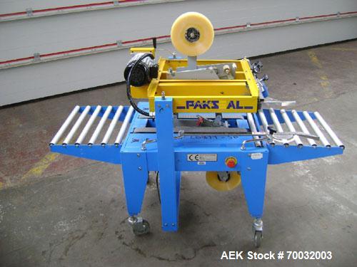 Used Pakseal Semi Automatic Top and Bottom Case Sealer, Carbon Steel. Bottom belts, infeed/discharge roller conveyor. Frame mounted with casters. Machine is 240 volt.