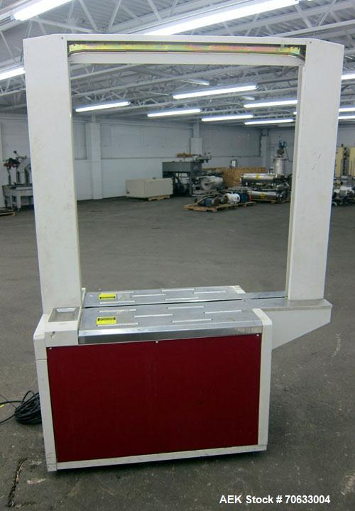 Used Dynaric Automatic Model DF-11 Bottom Seal Strapping Machine.Capable of 1.6 second cycle time, and up to 37 straps per minute. has an 'Arch' opening of 44.5" (wide) X 48"(tall).1/115 volt, 8.2 am...