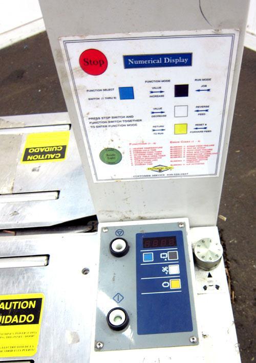 Used Dynaric Automatic Model DF-11 Bottom Seal Strapping Machine.Capable of 1.6 second cycle time, and up to 37 straps per minute. has an 'Arch' opening of 44.5" (wide) X 48"(tall).1/115 volt, 8.2 am...