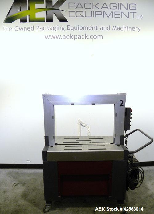 Used Ovalstrapping Modular Strapping Machine, Series JO, Carbon Steel. Approximately 52 straps per minute. Plastic strap size 6, 9, 12, and 15mm, heat seal.1/60/115 volt.Arch is 19"Hx 29"W Mounted on...
