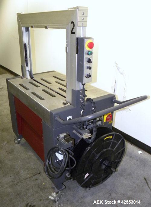 Used Ovalstrapping Modular Strapping Machine, Series JO, Carbon Steel. Approximately 52 straps per minute. Plastic strap size 6, 9, 12, and 15mm, heat seal.1/60/115 volt.Arch is 19"Hx 29"W Mounted on...
