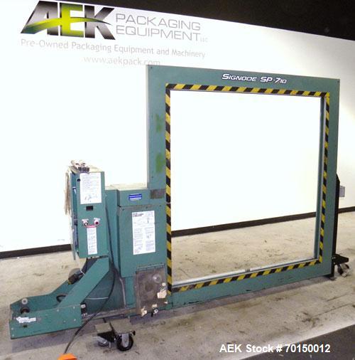 Used Signode Side Seal Plastic Strapping Machine, model SP-710, carbon steel. Production rate will vary on package size. 62’’ wide x 62’’ tall chute opening, maximum package size 60’’ x 60’’. Mounted...