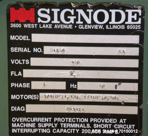 Used Signode Side Seal Plastic Strapping Machine, model SP-710, carbon steel. Production rate will vary on package size. 62’’ wide x 62’’ tall chute opening, maximum package size 60’’ x 60’’. Mounted...