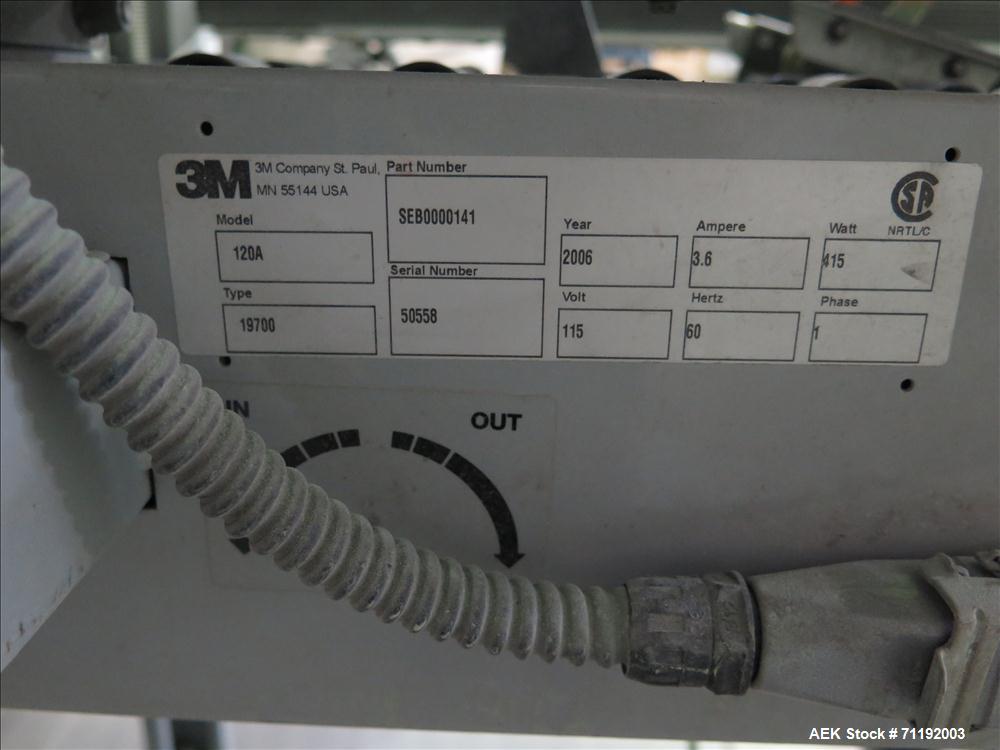Used 3M 120A Top and Bottom Case Taper, type 19700. Capable of speeds up to 25 cases per minute. Case size range: (Width) 4.75" - 20" (Length) 6" - unlimited (Height) 4.75" - 20". Semi automatic unit...