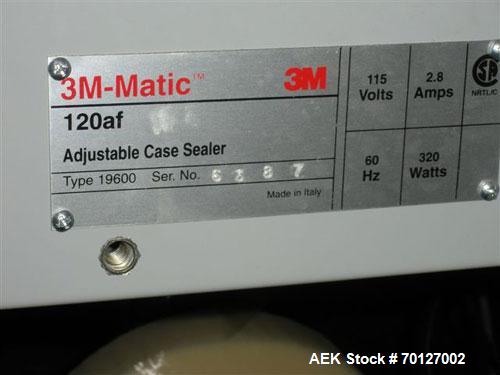 Used 3M Model 120AF Automatic Top and Bottom Taper capable of speeds up to 27 cases per minute. Has a case size range: length 6" to 25", width 4.75" to 20", height 4.75" to 20". Has max roll diameter...