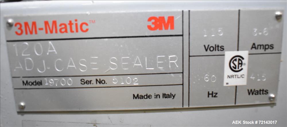 Used-3M Model 120A Adjustable Top and Bottom Case Sealer. Machine can seal a maximum of 30 boxes a minute depending on box s...