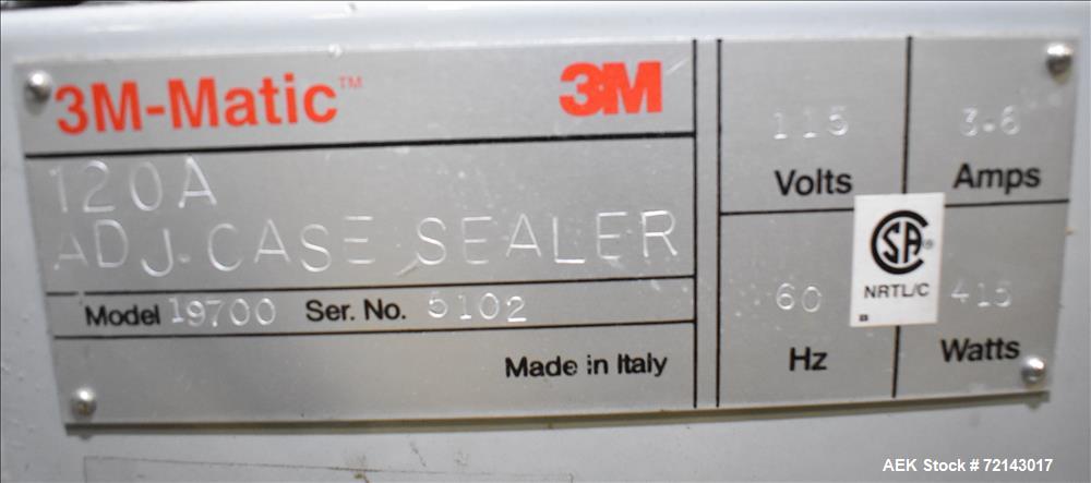 Used 3M Model 120A Adjustable Top and Bottom Case Sealer. Machine can seal a maximum of 30 boxes a minute depending on box size. Can seal maximum box dimensions of: 6" - 35" long, 4.75" - 20" wide, a...